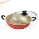 Panela Premium Wok Antiaderente Com Tampa De Vidro 32cm Cor Grafite e Creme/Cereja