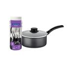 Panela Turim Alumínio Chumbo Antiaderente 1,4L PTC + Faqueiro Ipanema Preto 30pc - Tramontina Panela Turim Alumínio Chumbo Antiaderente 1,4L PTC + Faqueiro Ipanema Preto 30pc - Tramontina
