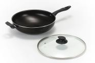 Panela Wok 30cm Alumínio Antiaderente Grosso com Tampa de Vidro - Culinária Oriental Yakisoba e Risoto