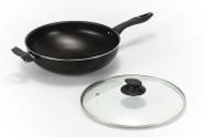 Panela Wok 30cm Alumínio Antiaderente Grosso com Tampa de Vidro - Culinária Oriental Yakisoba