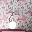 Papel De Parede Adesivo Autocolante Infantil Paris Fundo Rosa Claro Lambretas e Flores