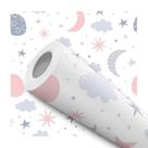 Papel De Parede Adesivo Lua Estrelas Nuvens Rosa Cinza Quarto Infantil 1m