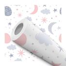 Papel De Parede Adesivo Lua Estrelas Nuvens Rosa Cinza Quarto Infantil 3m