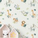 Papel de Parede Animais Safari Infantil Aquarela Branca Decorativo Auto Adesivo quarto sala 3m