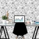 Papel De Parede Autocolante Floral Branco E Preto