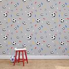 Papel de Parede Cinza Bolas de Futebol e Confete 57x270cm