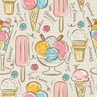 Papel de Parede Decorativo Temático Tipos de Sorvetes em Fundo Bege