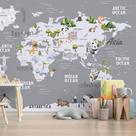 Papel de Parede Foto Mural Mapa Mundi Infantil com Animais Autocolante 300x450cm