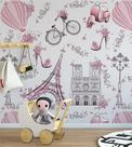Papel De Parede Infantil Paris Fundo Rosa claro Lambretas E Flores