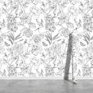 Papel de parede Jiffdiff Sketched Peony Floral Branco/Preto 48 pés quadrados