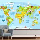 Papel de Parede Mapa Mundi Infantil Animais Sala Adesivo - 478pcm