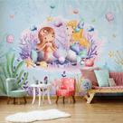 Papel de Parede Menina Sereias Fundo do Mar Concha Rosa 9m²