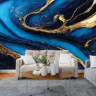 Papel de Parede Painel 3D Mármore Azul com Dourado 3M Revestimento Pedra Requinte Auto Colante