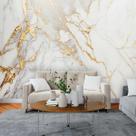 Papel de Parede Painel 3D Mármore Branco com Ouro 3M Auto Colante Lavável Revestimento Brilhoso