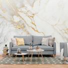 Papel de Parede Painel 3D Mármore Branco com Ouro Auto Colante Lavável Revestimento Brilhoso