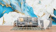 Papel de Parede Painel 3D Mármore Branco Dourado Azul 4M Revestimento Auto Colante Brilho