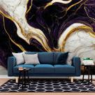 Papel de Parede Painel 3D Mármore Branco Ouro Roxo 2,5M Revestimento Auto Colante Brilho Marmorizado