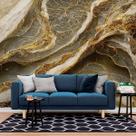 Papel de Parede Painel 3D Mármore Cinza com Dourado Auto 2,5M Colante Lavável Revestimento Brilhoso