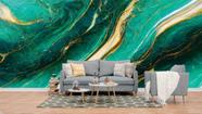 Papel de Parede Painel 3D Mármore Verde e Dourado 4M Revestimento Auto Colante Brilho Marmorizado