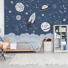 Papel de Parede Quarto Menino Planetas e Naves no Espaço 9m²