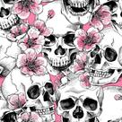 Papel de Parede Temático Caveiras Pretas e Flores Rosas 2,5m Papel de Parede Temático Caveiras Pretas e Flores Rosas 2,5m