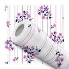 Papel De Parede Vinílico Floral Lilás Com Listras Sala Quarto 3m