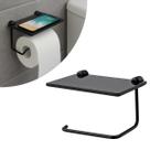Papeleira Porta Papel Higiênico Com Porta Celular Vidro 6mm Incolor e Preto Haste Metal Luxo
