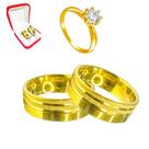 Par Alianças Ouro 18k 6mm Risco Brilho Fosco + Anel Solitário 2mm Banhado Ouro 18k Pedra Branca Casamento Noivado Luxo