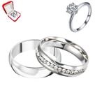 Par Alianças Prata 6mm Cravejado Pedras Brancas + Anel Solitário Prata 2mm Zircônia Branca Namoro Namorados Casal
