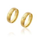 Par de Alianças de Casamento Afrodite Ouro 18k 3 Frisos e Brilhante Zircönia Central 6mm 7g