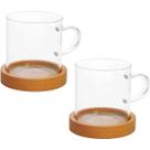 Par de Caneca Vidro Borossilicato 100ml Pires Bambu Xicaras Dupla Mimostyle