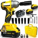 Parafusadeira Furadeira Chave Impacto 21V Brushless Torque 350Nm Recarregável 4Ah Maleta Kit Soquetes Luz LED Casa Obra Oficina Mecânica Pneu Premium