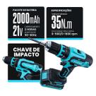 Parafusadeira Furadeira Impacto 10mm s/ Fio 21V 35NM + 2 Baterias Saider SA0002