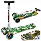 Patinete de Metal Reforçado Luz 3 Rodas Ajuste Altura Meninos Exército Verde até 45kg
