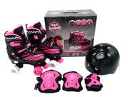 Patins 4 Rodas Quad Infantil Ajustável + Proteção Preto Rosa