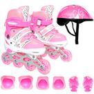 Patins Roller Infantil Inline 4 Rodas Com Ajuste De Tamanho 30-37 Rosa + Kit Proteção Completo - Zippy Toys