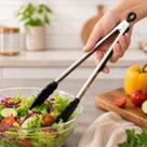 Pegador Multiuso Cozinha Profissional Cabo Grande 34cm Aço Inox Ponta Silicone Com Trava Para Salada Frituras Churrasco