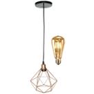 Pendente Aramado Diamante Luminária Lustre Retrô Balcão Cobre Rose Gold + Lâmpada Led ST64 Vintage Pendente Aramado Diamante Luminária Lustre Retrô Balcão Cobre Rose Gold + Lâmpada Led ST64 Vintage