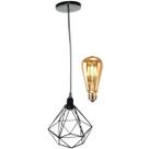 Pendente Aramado Diamante Luminária Lustre Retrô Balcão Preto + Lâmpada Led ST64 Vintage Teto Pendente Aramado Diamante Luminária Lustre Retrô Balcão Preto + Lâmpada Led ST64 Vintage Teto