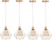 Pendentes Aramado Diamante Dourado Com Cabo 1 Metro Regulável Kit Com 4