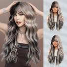 Peruca 7JHH Wavy Silver Grey Black Highlight 70 cm resistente ao calor
