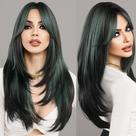 Peruca 7JHH WIGS longa e reta com franja de cortina verde 60 cm