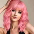 Peruca AGO, rosa, curta, ondulada, cabelo pastel, com franja de 14 polegadas Peruca AGO, rosa, curta, ondulada, cabelo pastel, com franja de 14 polegadas