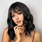 Peruca AGO Short Bob 35 cm, preta natural, ondulada, resistente ao calor
