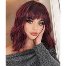 Peruca AISI HAIR Curly Bob com franja, curta, ondulada, vinho tinto