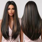 Peruca Allbell de cabelo sintético longo e reto preta com marrom