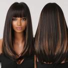 Peruca Allbell Long Black Synthetic Hair para mulheres com franja