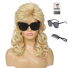 Peruca Auguyist Mullet Long Curly para mulheres dos anos 80 com óculos de sol