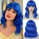 Peruca Beelu Blue Short Bob com franja solta e ondulada sintética