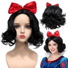 Peruca Branca de Neve preta curta tiara arco laço vermelho